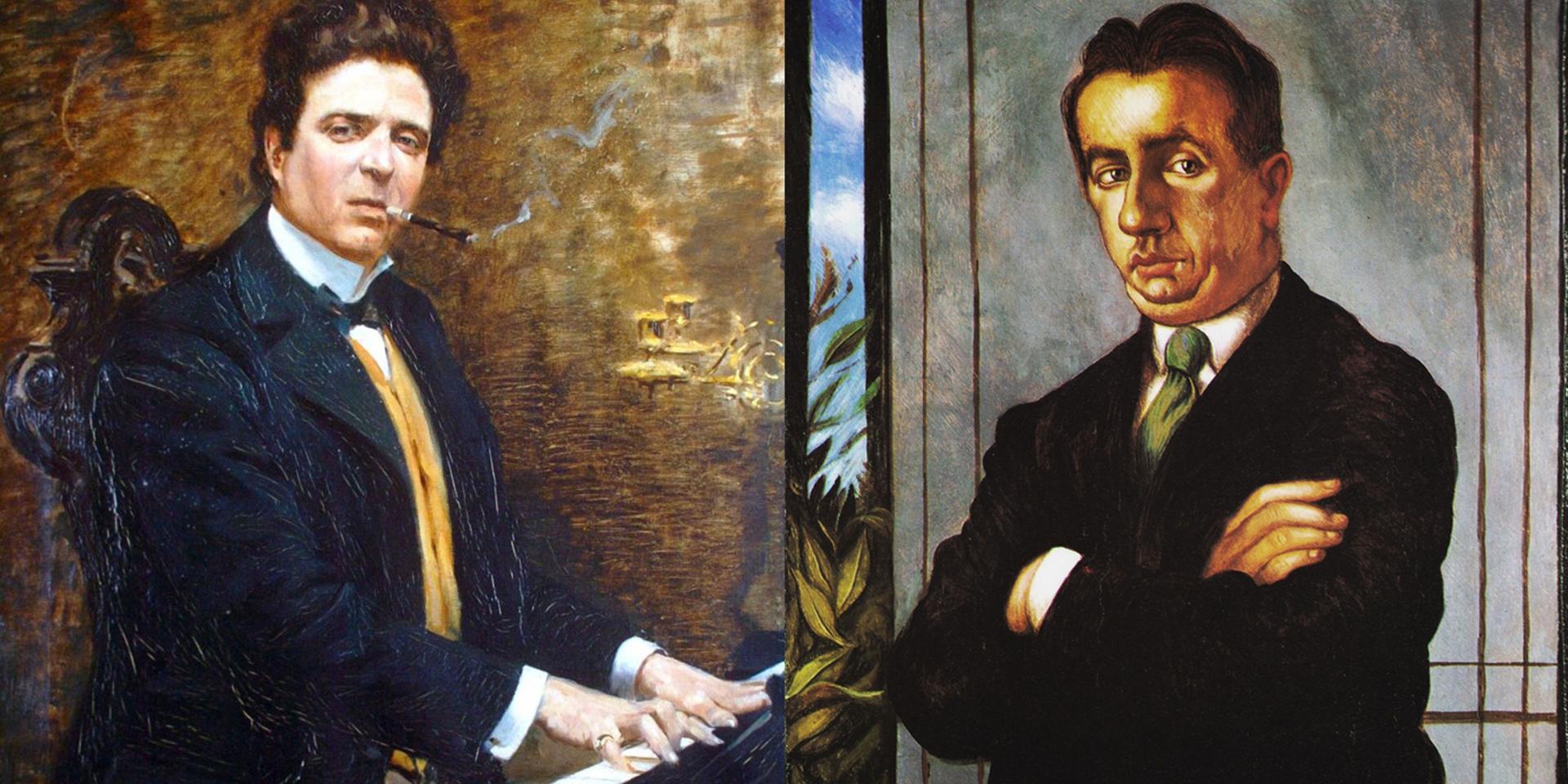 Angiolo Tommasi (1858-1923), Ritratto di Pietro Mascagni. Olio su tela, 1899 e Giorgio De Chirico (1888-1978), Ritratto di Alfredo Casella. Tempera all'uovo sul tela, 1924