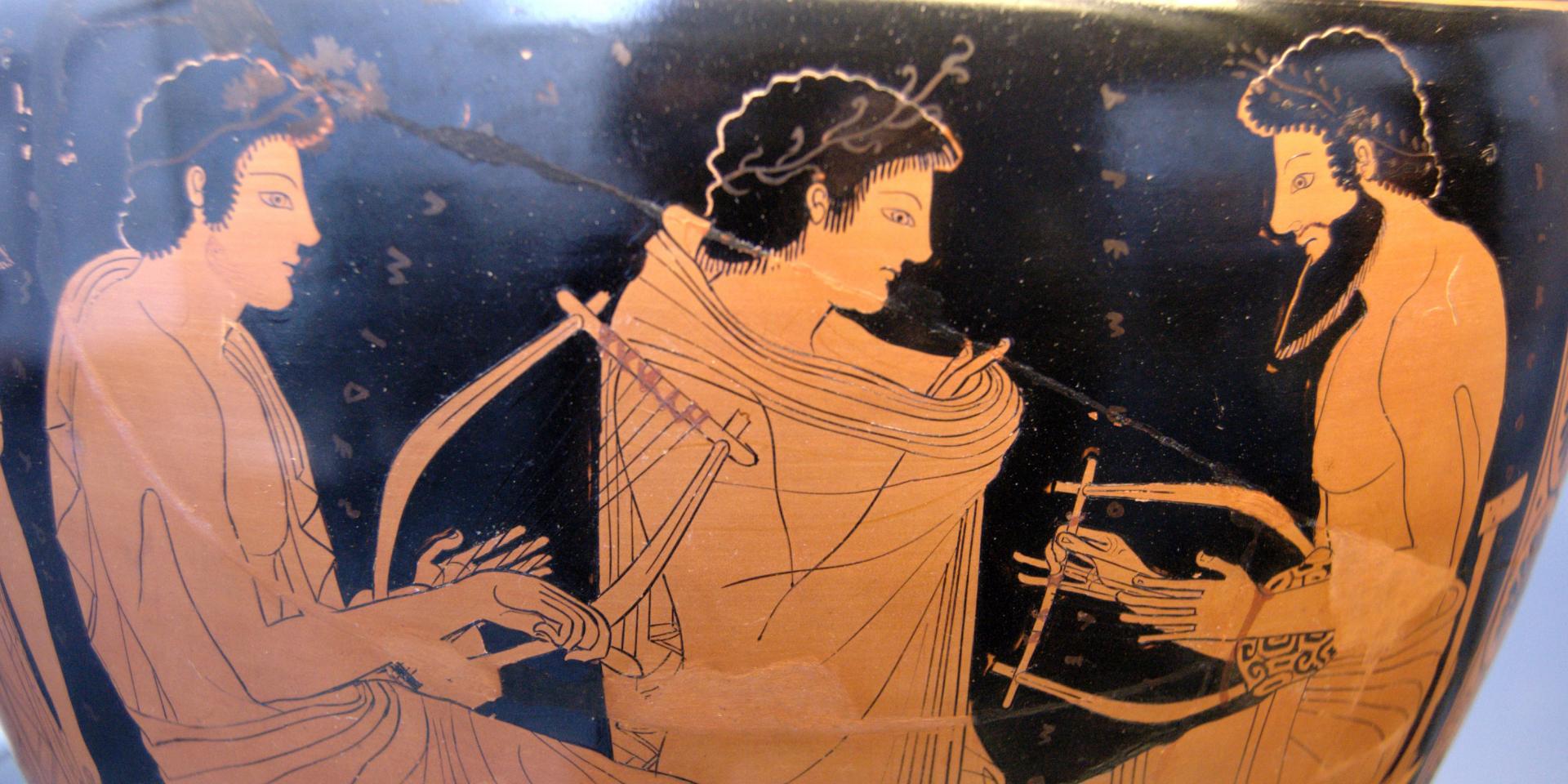 Lezione di musica, idria attica a figure rosse, c. 510 a.C., Staatliche Antikensammlungen
