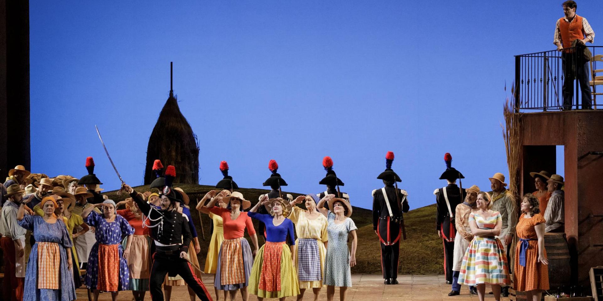 Julian Kim (Belcore), Lavinia Bini (Adina), Ashley Milanese (Giannetta), Santiago Ballerini (Nemorino) e il Coro del Teatro Regio