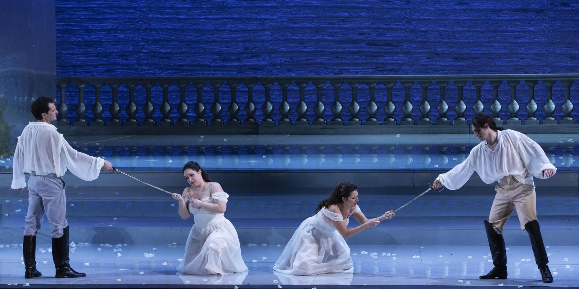 Alessandro Luongo (Guglielmo), Eleonora Buratto (Fiordiligi), Paola Gardina (Dorabella) and Giovanni Sala (Ferrando) in Act II of Così fan tutte (ph Silvia Lelli - Teatro Regio Torino)