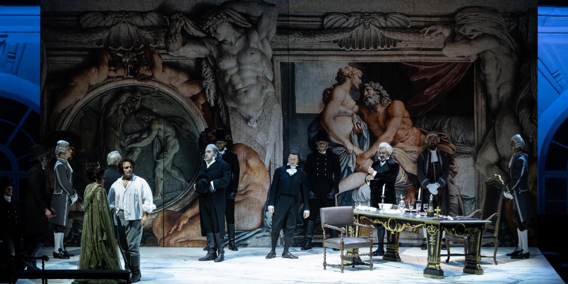 Maria Agresta (Tosca), Giorgio Berrugi (Mario Cavaradossi), Enzo Peroni (Spoletta), Lorenzo Battagion (Sciarrone) e Elchin Azizov (Vitellio Scarpia) - foto Andrea Macchia