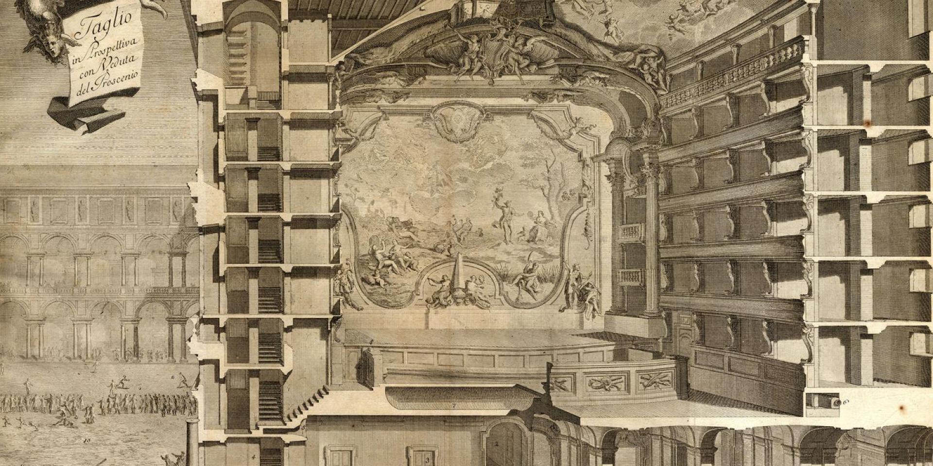 Spaccato prospettico con veduta dell'atrio, della sala, del proscenio e del sipario dell'antico Teatro Regio. Incisione su disegno di Benedetto Alfieri