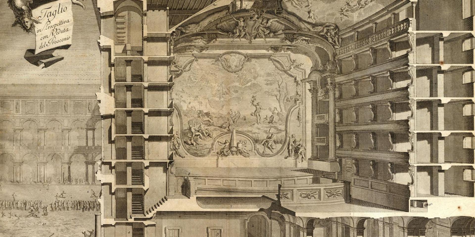 Spaccato prospettico con veduta dell'atrio, della sala, del proscenio e del sipario dell'antico Teatro Regio. Incisione su disegno di Benedetto Alfieri