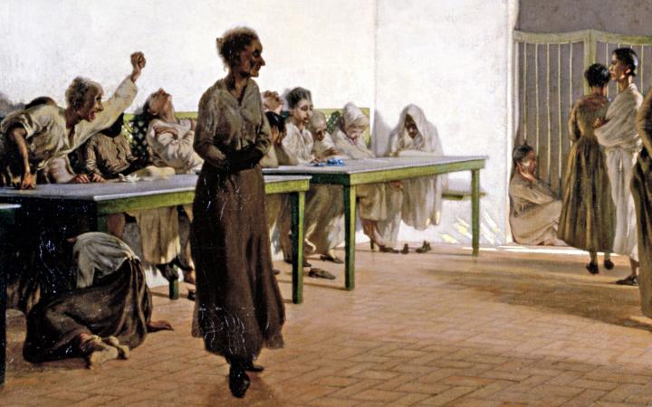 Telemaco Signorini (1835-1901), La sala delle agitate al Bonifacio di Firenze. Olio su tela, 1865. Venezia, Galleria Internazionale d’Arte Moderna Ca’ Pesaro.