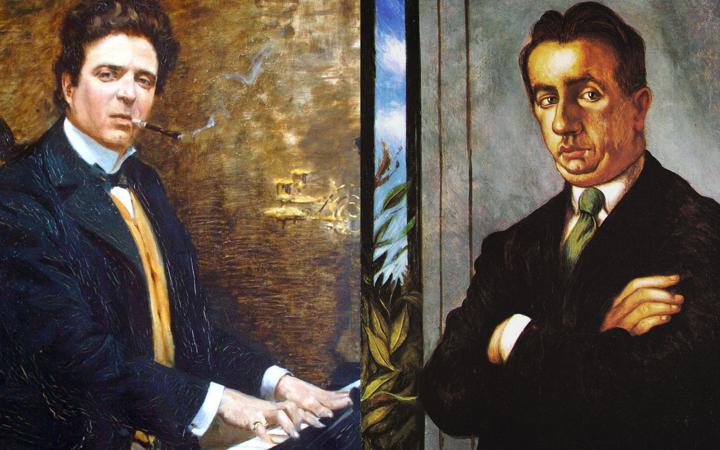 Angiolo Tommasi (1858-1923), Ritratto di Pietro Mascagni. Olio su tela, 1899 e Giorgio De Chirico (1888-1978), Ritratto di Alfredo Casella. Tempera all'uovo sul tela, 1924