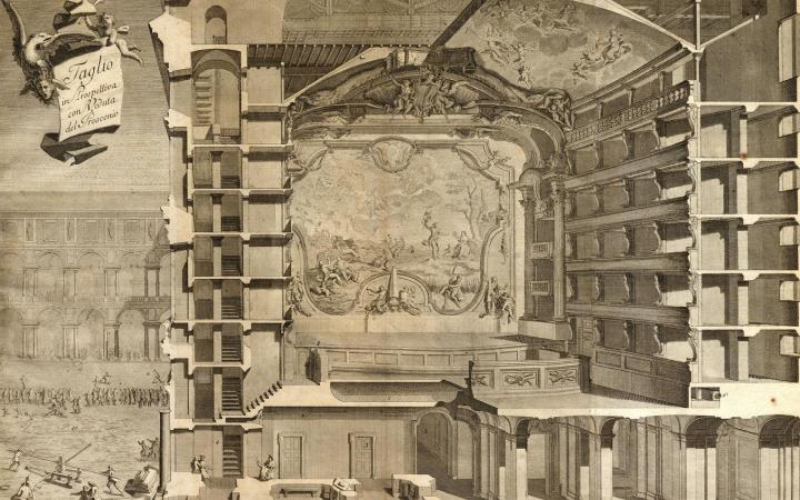 Spaccato prospettico con veduta dell'atrio, della sala, del proscenio e del sipario dell'antico Teatro Regio. Incisione su disegno di Benedetto Alfieri