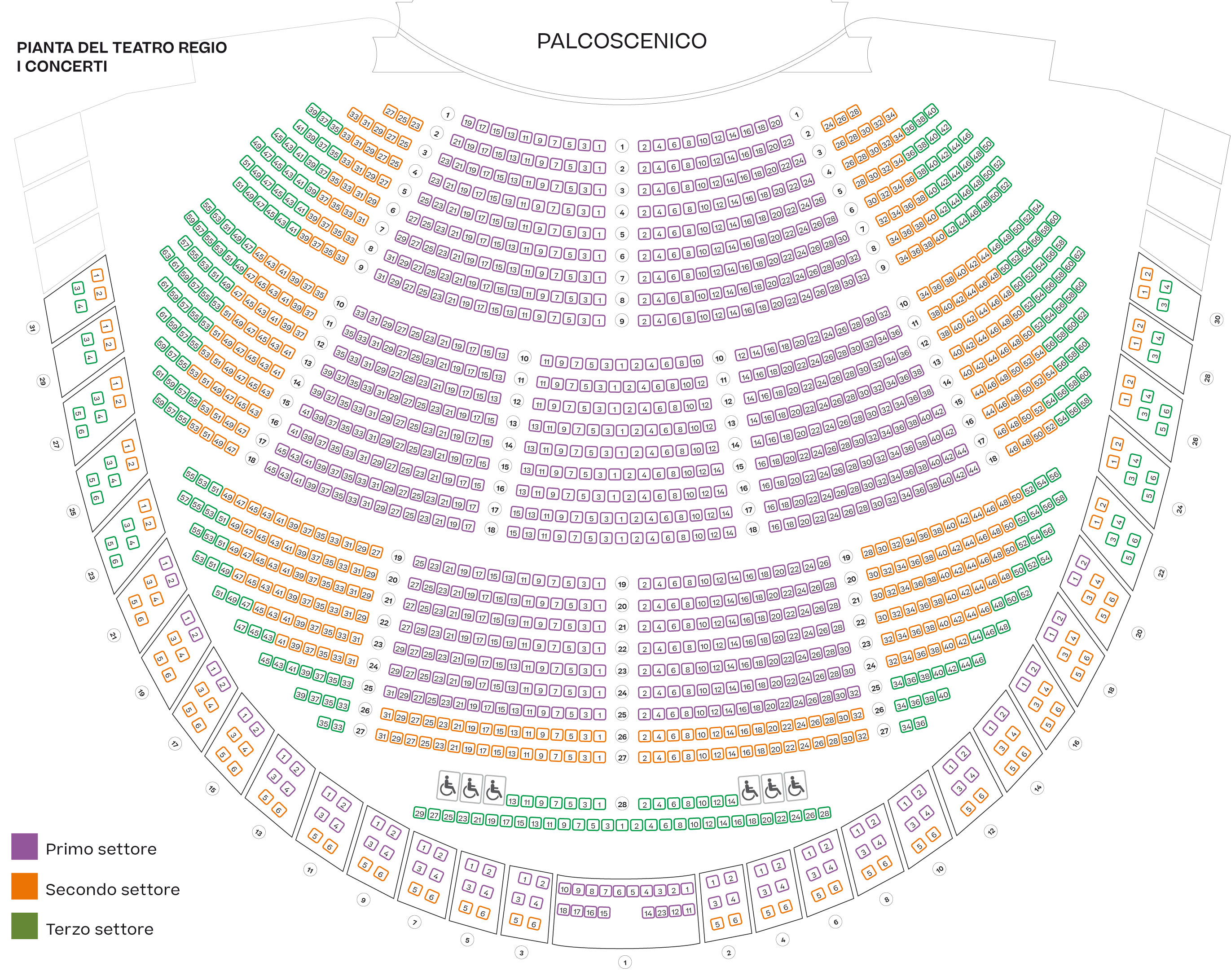 Pianta della sala con identificazione dei settori per la Stagione dei Concerti