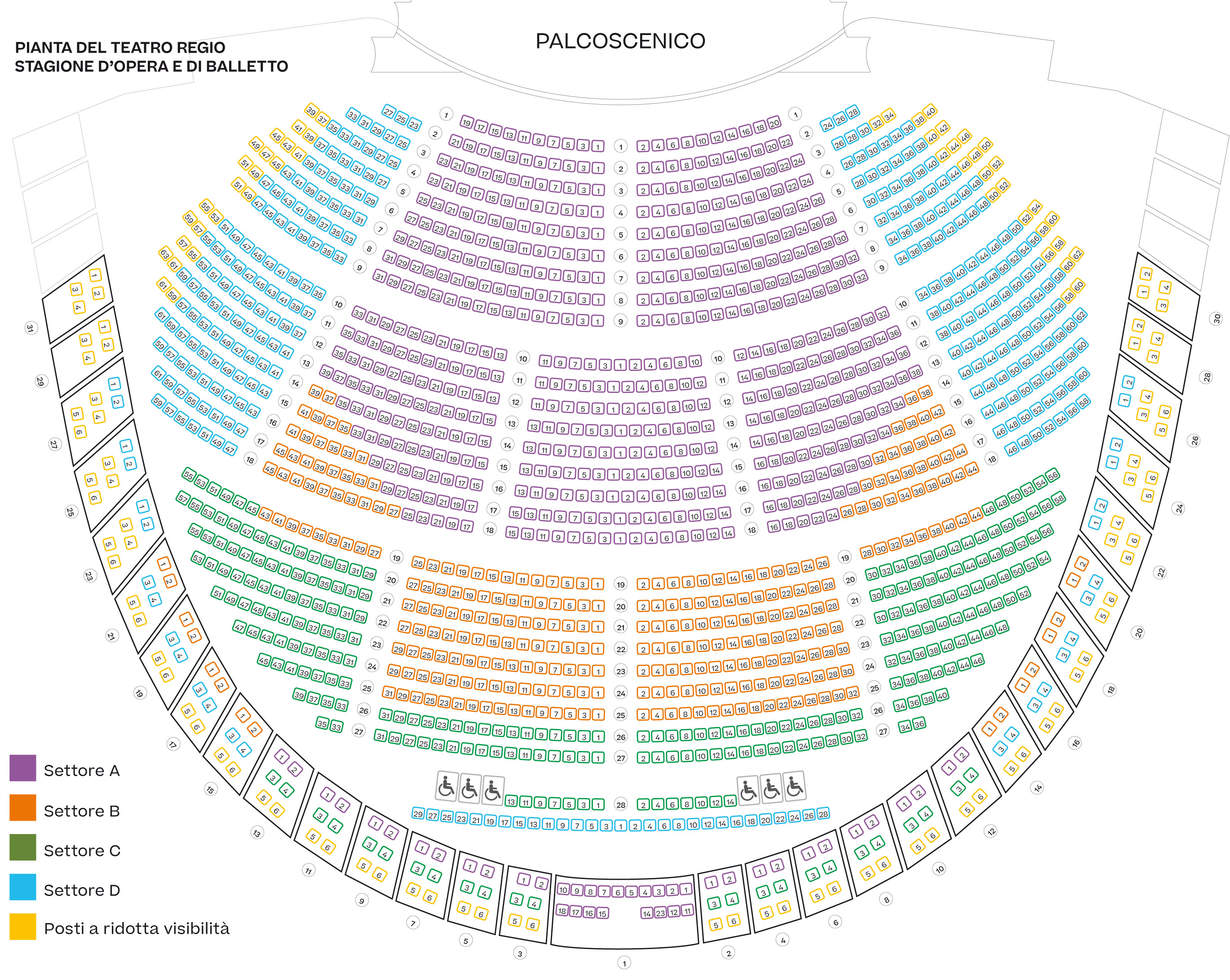 Pianta della sala con identificazione dei settori per gli spettacoli della Stagione d'Opera e Balletto