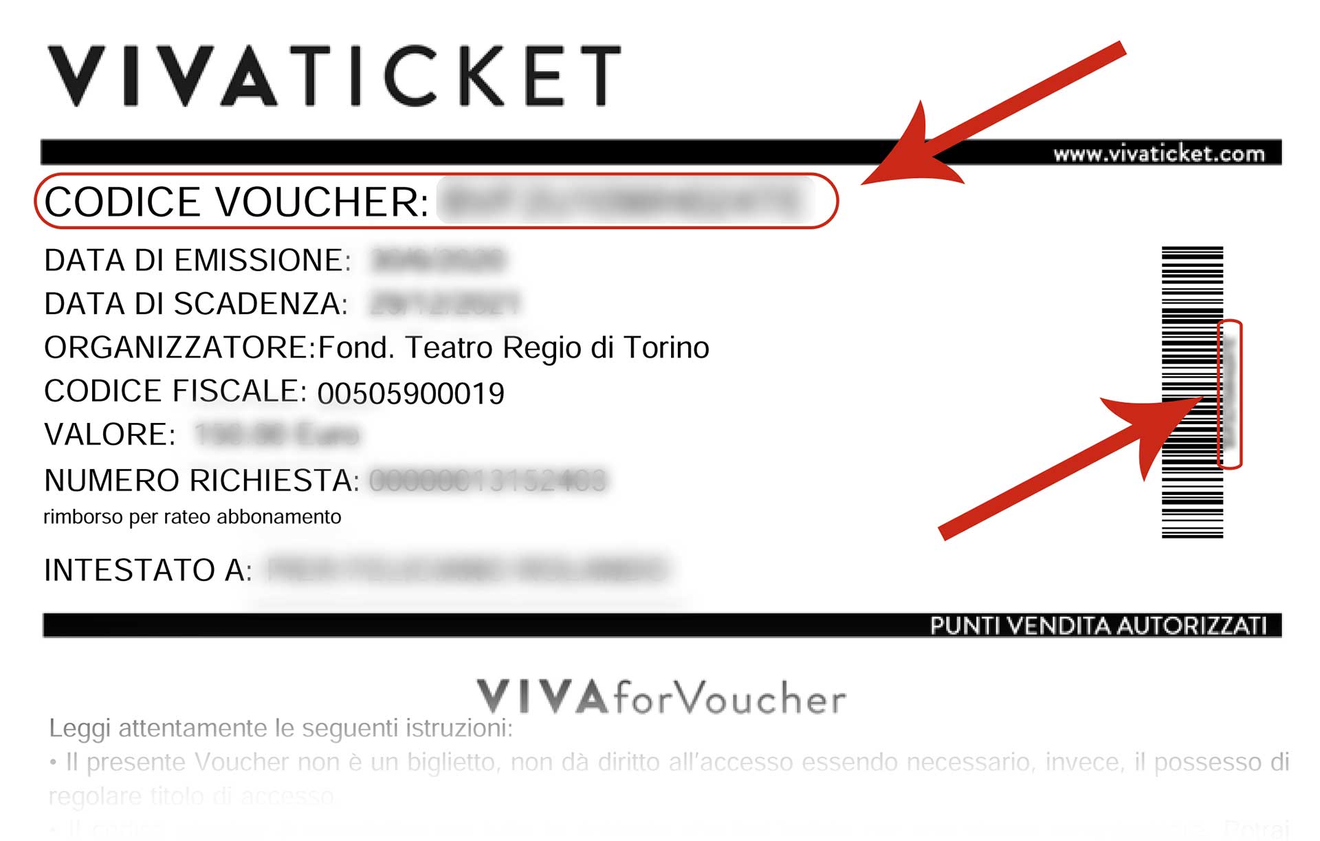 esempio voucher vivaticket con individuazione del codice alfanumerico